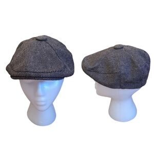 Vintage Black Striped‎ Wool Button Top Newsboy Cap